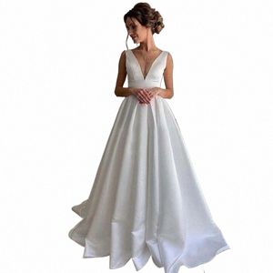 luxiyiao lo132 새틴 웨딩 DR Custom V Neck Backl Simple Sexy White Ivory Bridal Gown for Women resido de novia Q8x0#