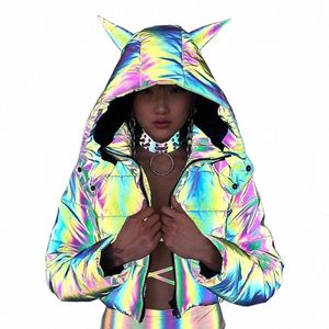 Vinter varma kvinnor Rainbow Reflective Jacket Parka Hip Hop Fi Short LG Female Cott-Padded Hooded Coat Crop Top Dropshing V845#