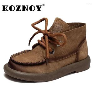 Boots Koznoy Lofers For Women 3cm Retro Genuine Leather Ankle British Autumn Winter Plush Moccasins Rubber Soled Flats Shoes