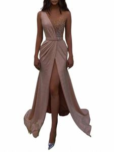 shiny Evening Dres for Woman Wedding Pink O Neck Sleevel Rhinestes High Waist Sexy Side Slit Charming Party Gown 2022 62Ea#