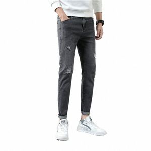 Homens Jeans Joelho Buraco Rasgado Stretch Skinny Denim Calças Cor Sólida Preto Azul Outono Verão Hip-Hop Estilo Slim Fit Calças L9pm #