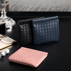 Storage Bags Fashion PU Leather Woven Coin Purse Portable Self-closing Lipstick Cosmetic Bag Women Leaf Spring Data Cable Pouch