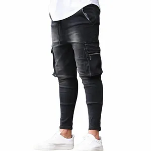 Calças de brim masculinas meados de cintura magro estiramento jeans masculino casual calças esportivas rendas até zíper calças lápis quatro mares azul jeans nova marca o8px #