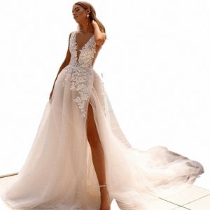 elegante abito da sposa a-line con scollo a V appliques tulle da sposa Dr bianco schienale alto diviso per le donne personalizzare in base alle misure g3GP #