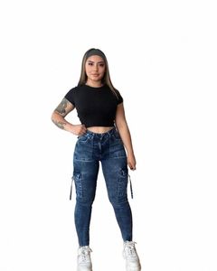 Röhrenjeans Weiche Stretch-Cargohose Slim Fit Denim Damen Fi Workwear Jeans mit mehreren Taschen J74v #