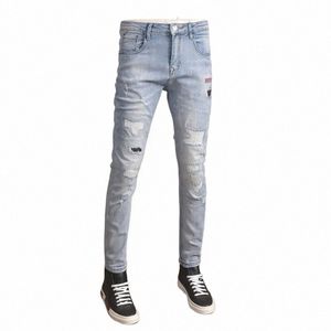 summer Light Blue Ripped Jeans Men Casual Slim Fit Pencil Pants Streetwear Printed Patches Denim Trousers h7fA#