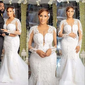 Sexy Arabic Aso Ebi Luxurious Mermaid Wedding Dresses Full Lace Appliques Pearls Beading Long Sleeves Plus Size Bridal Gowns Robe De Mariee Side C G