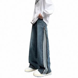 Amerykańskie dżinsy retro w paski boczny zamek błyskawiczny Decorati luźne szerokie nogi spodnie ślub proste legi casual dżinsowe spodnie wiosna jesień k1nt#