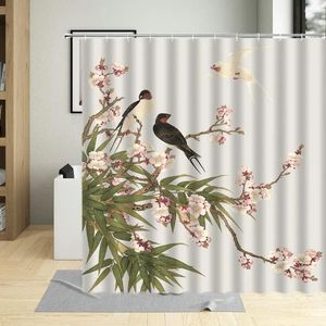 Zasłony prysznicowe w stylu chiński kwiat Ptak zasłona malarstwo roślinne gałąź liść gałąź sceneria łazienka z haczykiem wodoodpornym tkaniną do mycia