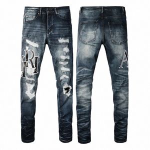 Джинсы с вышитыми буквами и рваными дырками, мужские тонкие джинсовые брюки с маленькими ногами, уличная одежда, джинсы в стиле хип-хоп, брюки 05jC #