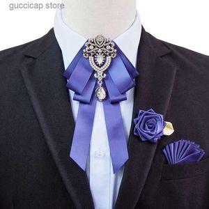 Bow Ties Luxury Crystal Bow Tie Brosch Set Korean British Mens Business Wedding Collar Flowers Corsage 3 PCS Set High-End Jewelry Gifts Y240329