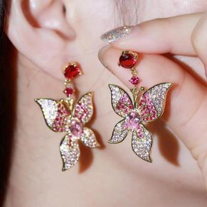 Dangle Earrings Pera Romantic Red Cubic Zirconia Large Pink Butterfly Drop Long For Ladies Costume Prom Party Jewelry E625