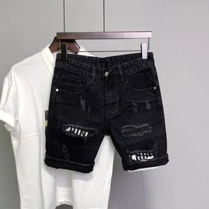 Summer Mens Black Hole Stickers Slim Denim Short Pants Korean Fashion Hip Hop Leggings Harajuku Fashion Men Black Jeans Shorts 240325