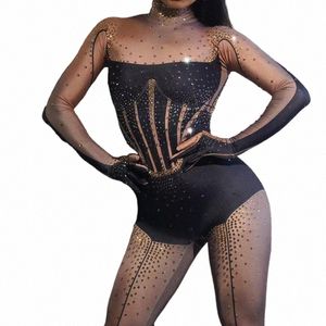 shiny Diamds Spandex Stretchy Club Rompers with Gloves Sexy Women Wear for Nightclub Bar Party Wear Summer Dr Tiaotiaohei 02rH#