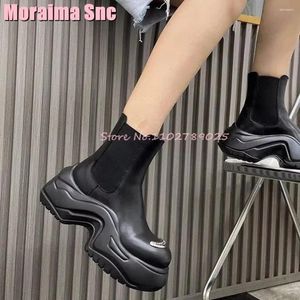 Boots Arched Heel Thick Sole Women Ankle Metal Decor Round Toe Fashion Black Solid Ladies Shoes Winter Genuine Leather