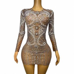 women Sexy Stage Sier Rhinestes Pearls Brown Mesh Dr See Through Costume Singer Dance Birthday Celebrate Outfit w8L3#