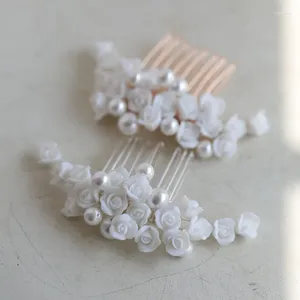 Hair Clips Porcelain Rose Flower Comb Pin Clip Gold Silver Color Head Piece For Bride Pearl Hairpin Wedding Accessories Bridal Jewelry