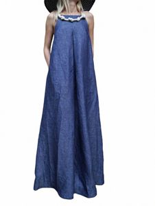 estate Halter Neck Sling Dr donna girocollo Sleevel Solid Denim Dr vacanza casual allentato Dres per le donne Liquidazione r0QY #