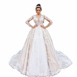 Ashley Carol Luxury Princ Wedding Dres for Women 2024 V-Neck LG Sleeve Beading spets bröllopsklänningar Vestidos de Novia A6WJ#