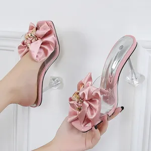 Slippers Sexy Transparent Sqaure Toe Women 2024 Summer Fashion Big Bowknot Design High Heels Sandals Female Party Banquet Shoes
