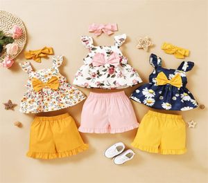Baby Girl Clothes Set Summer Toddler Kids Floral ärmlösa Bow Top Shorts Pannband 3st Baby Clothing Set Girls Outfits 334 Y28583163