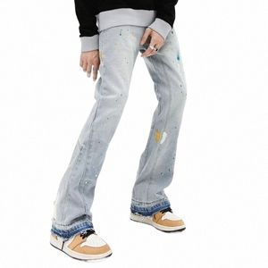 2023 New Fi Spl Ink Graffiti Vintage Baggy Men Flare Jeans Calças Elegantes Wed Blue Hip Hop Denim Calças Ropa Hombre N1Wa #