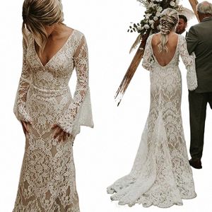 Vintage pizzo sirena Beach Wedding Dr Lg maniche svasate sexy aperto indietro Paese Wedding Dres rustico Boho abiti da sposa 2024 J4u3 #