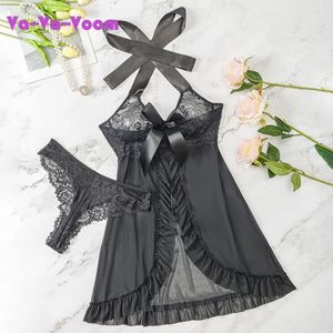 Bras Sets Ladies' Sexy Sleepwear Porn Lace See Through Erotic Nightgowns Temptation Women Sensual Brief Bra Thong Suit Perspective Pajamas