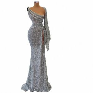 Sier Sparkly pärlstav en LG Sleeve Evening Dres Elegant tävling Dr för Women Robes de Soiree Cocktail Dres l1ng#