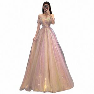 Pembe Kıvılcım Akşam Dr Kadınlar için A-Line Vestidos de Noche Mujer Omuzdan Kapalı Balo Partisi Elbise Vestidos Para Mujer M1JQ#