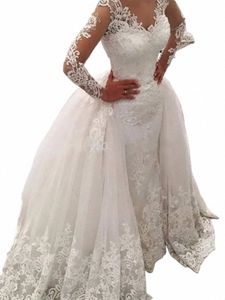 lusso bianco 2 in 1 staccabile sirena da sposa Dr appliques in pizzo Arabia Saudita manica Lg abito da sposa Dubai Vestido De Noiva G6dg #