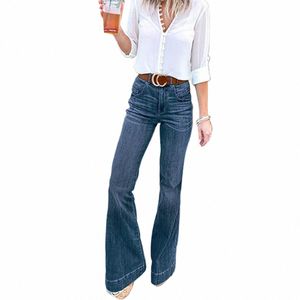 Vintage Streetwear Denim Flare Pants Fi Kobiety Solidny kolor dżinsowe dżinsy o dużej talii szerokie nogi bojowniki U3ZN#