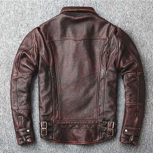 Herren-Jacke aus Leder, Kunstleder, Oberschicht aus Rindsleder, echtes Freizeit-Corium-Mantel für Herren, Vintage-Stil, Distressed-Stil, für Frühling und Herbst, Motorrad-Anzug mit Schwalbenschwanz 240330