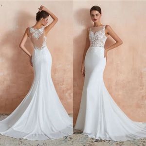 Abiti da sposa sexy in chiffon bianco a sirena senza maniche Abiti da sposa moderni in stile country con collo trasparente senza schienale Abito da sposa taglie forti