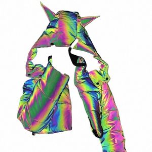 drop ship New 2024 Winter Rainbow Reflective Jackets Women Warm Coat Girl Crop Jacket Hooded Short Top Reflect Outerwear I5OA#