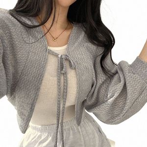 Rimocy 2023 Thin White Cardigan Women Summer Sunscreen Lace-Up Knitwear Top Female Korean Style Lantern Sleeve Short Coat Woman 976Q#