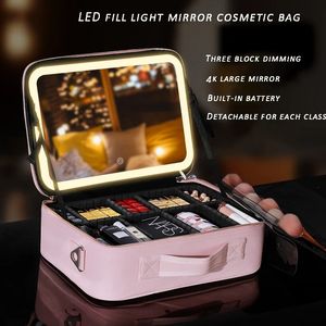 ミラーバッグのあるスマートLED化粧品ケース女性用ファッションポータブルストレージ240328のための旅行メイクアップバッグ