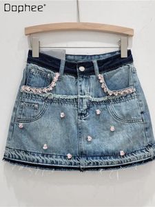 Skirts Women's Spring And Summer Exquisite Rhinestone Short Denim Skirt 2024 Micro-elastic High Waist Anti-Exposure Mini Pantskirt