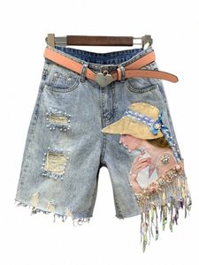Neue Sommer Damen Jeans Koreanische Fi Loch Ripped Perlen Vintage Gedruckt Knielange Denim Hosen Y2K High Street o20D #