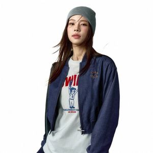 Maden Women Dark Blue Denim Jacket Hög midja Baseball Bomber Jacket Classic Pilot Slim Short Work Coats Cowboy Versi N1J2#