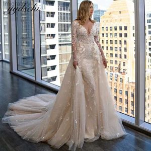 Abiti sexy urbani Lussuoso sirena da sposa staccabile 2 in 1 applicazioni di pizzo con strascico scollo a V maniche lunghe abiti da sposa Vestido De Novia yq240329