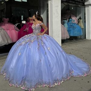 ビーズパールカラフルなApplQiues Lace Quinceanera Dresses Ball Gown Off Shourdeld Prom Envinding Party Pageant Birthday Gowns Dress204