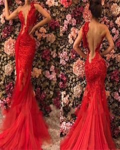 2019 New Design Illusion Bodice Jewel Neck Red Evening Dresses OneShoulder Mermaid Tulle Sexy Beaded Prom Gowns Party Wear5706131