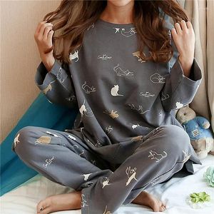 Hemkläder Autumn 2pieces Pyjamas Set Women Thin Sexy Sleepwear Lovely Suit 2024 Round Neck Girls Sleepwearlong Sleeve Pyjamas