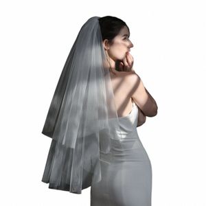 v841 Velo da sposa elegante Velo da sposa a due strati Tinta unita Tulle Pettine per capelli Bordo tagliato Velo da sposa bianco Accessori per matrimonio da donna H2Xg #