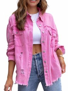 2024 Löcher Rohkanten Denim Jacke Frauen Frühling Herbst Hemd Stil Jeancoat Casual Top Rose-Rot Orange Lila Oberbekleidung Dame Mantel w9p4 #