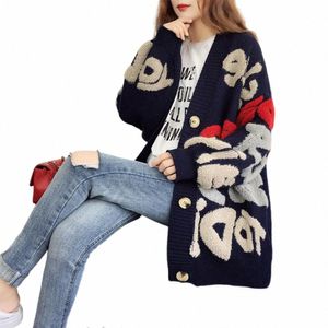 Women Sweter Women Sweter Płaszcz Przytulny dzianin SWEATER Płaszcz dla kobiet w połowie długości luźna kardigan z wzorem literowym grube zima j3wq#