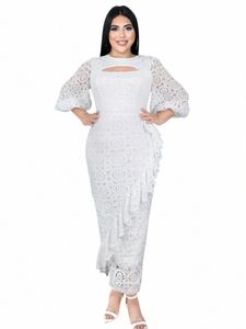 Women's Party DR 2024 FI White Lace Crew Neck Lantern Sleeve Ruffles LG Slim Formal Wedding Guest Prom Gowns Plus Size Y58M#