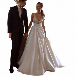 Smileven Elegant Satin Wedding Dres Top Lace V Neck Bride Gown Backl Wedding Clown Vestido de Novia 2021 W29P#