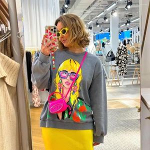 Women's Hoodies Cartoon Contrast Printed Sweatshirts Women Loose O-neck Long Sleeve Pullovers Female Autumn Fashion Casual Ladies Top